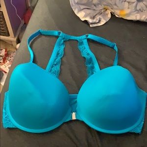 Blue torrid racer back lace front clasp bra